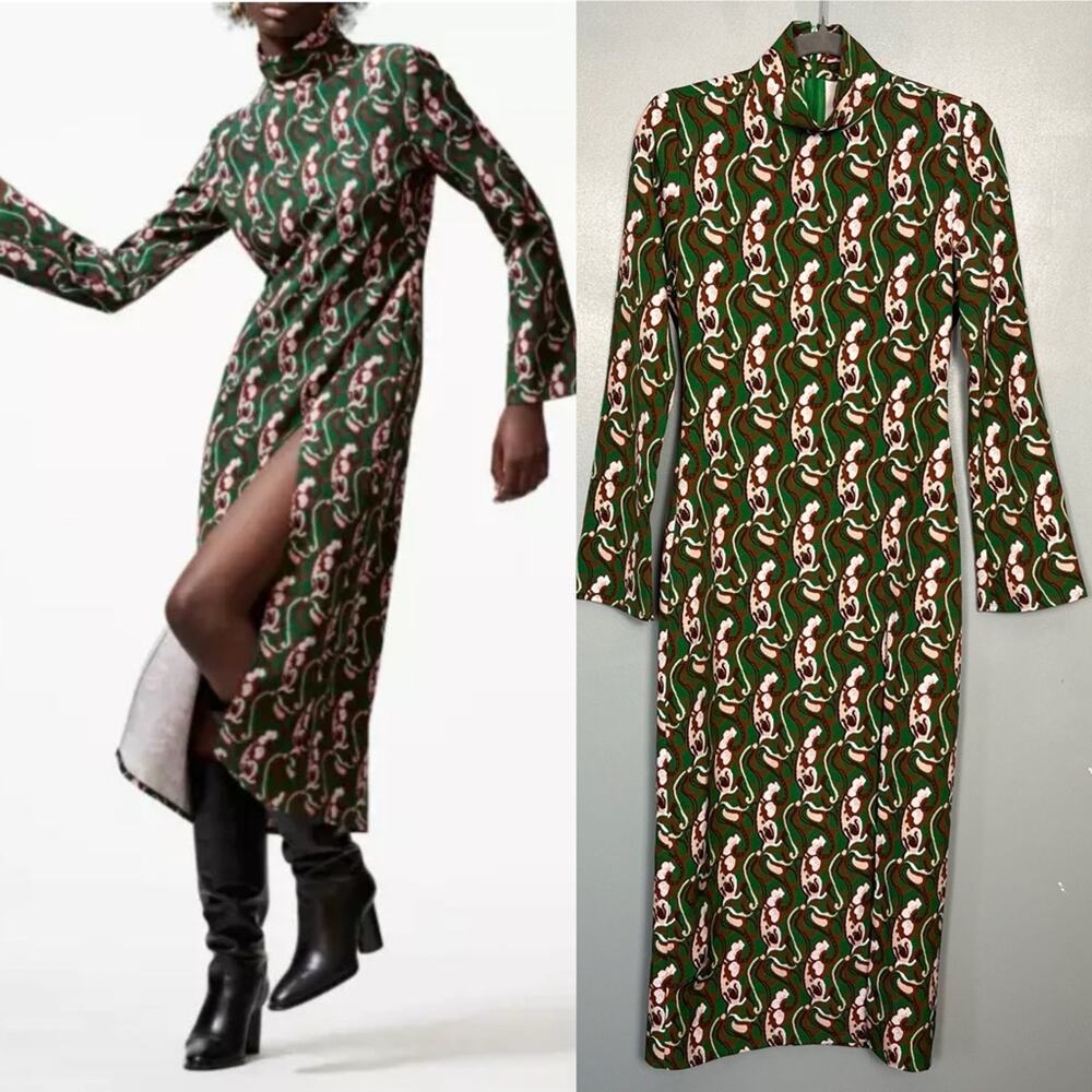 Zara Green Long-Sleeve High-Neck Midi Dress with Pink & White Print